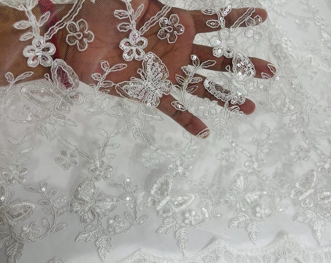 White Corded Lace Small Butterfly by Yard Thread Butterfly Design Embroidered With Sequin on a Mesh Lace Fabric