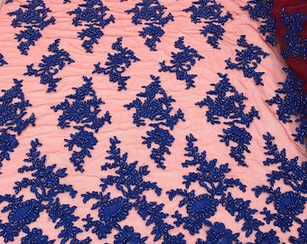 Royal Blue Beaded Fabric on Red Mesh Cluster Bead Fabric Embroidered Flower Beaded Fabric Wedding Bridal Lace Fabric Sold By Yard