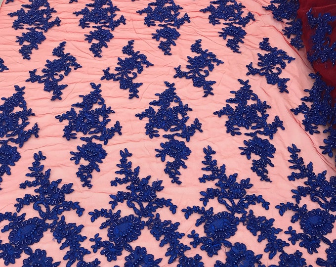 Royal Blue Beaded Fabric on Red Mesh Cluster Bead Fabric Embroidered Flower Beaded Fabric Wedding Bridal Lace Fabric Sold By Yard