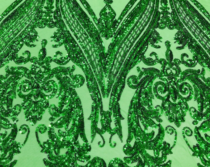 Emerald Green Sequins Fabric | 4 Way Stretch Fancy Big Damask Design Sequins on Mesh Prom Gala Gown Fabric By The Yard