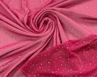 Fuchsia | AB Rhinestones Fabric On Fuchsia Power Mesh Polyester Spandex Fabric With Crystal Stones | AB Rhinestones Fabric sold by yard