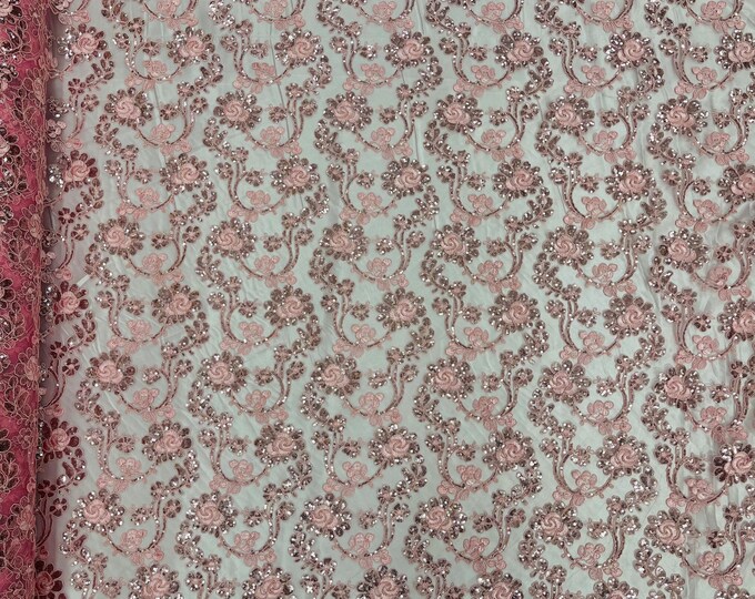 Pink Flowers With Sequins Corded Lace On Mesh Fabric By The Yard Used For -Dress-Bridal-Fashion
