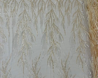 Nude Leaf Pattern Lines Beaded Fabric - Embroidered Line Beaded Wedding Bridal Fabric Sold By The Yard