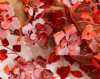 Burnt Orange 3D Floral Lace Fabric with Pearls, Prom Dress Fabric By Yard