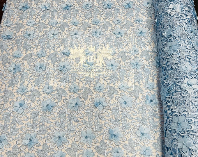 Mia Fabrics Inc, Baby Blue Guipure Lace Fabric 3D Floral-Flower With Pearl, Bridal Lace Guipure Wedding Dress by the Yard (Pick a Size)