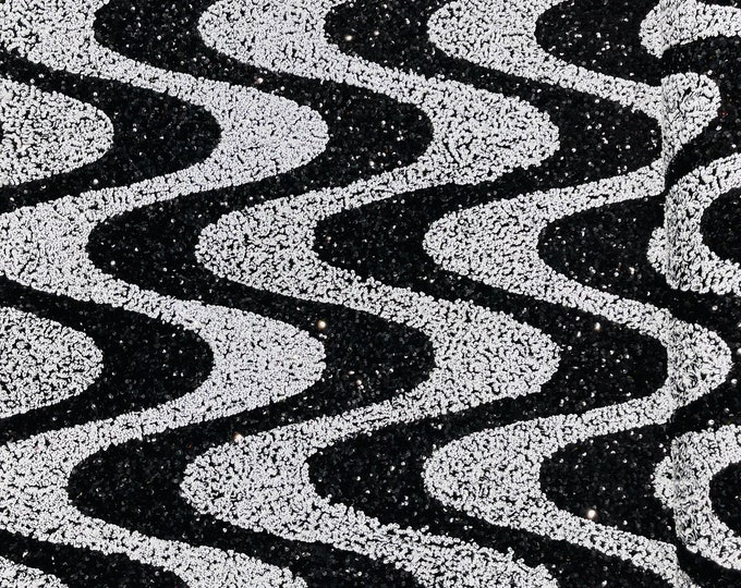 Stretch Velvet Sequins - Black / White Sequin on Stretch Velvet Fabric - Wavy Line Design with 5mm Sequins By Yard