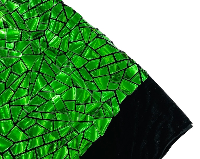 Emerald Green Mirror Sequin Fabric, 2 way Stretch Velvet Sequin Fabric by the Yard, Geometric Sequin on Black Stretch Velvet Prom Party