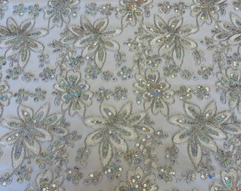 Silver Holographic With Metallic Thread Flower Design Embroidered With Sequins Mesh Lace Fabric Floral  by the Yard (Pick a Size)