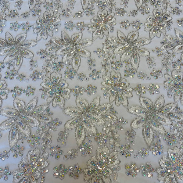 Silver Holographic With Metallic Thread Flower Design Embroidered With Sequins Mesh Lace Fabric Floral  by the Yard (Pick a Size)