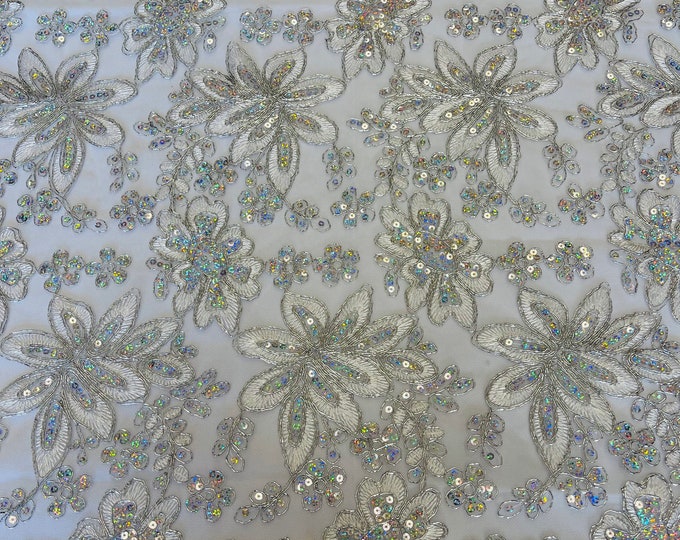 Silver Holographic With Metallic Thread Flower Design Embroidered With Sequins Mesh Lace Fabric Floral  by the Yard (Pick a Size)