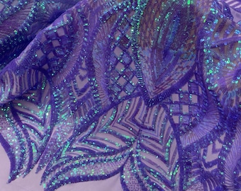 Lavender Iridescent Sequin Fabric: Royalty Embroidered Mesh, 4-Way Stretch