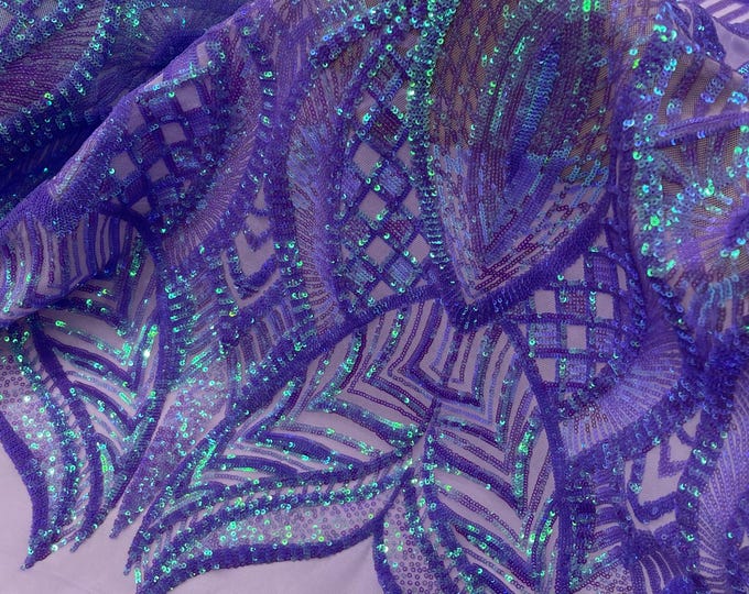 Lavender Iridescent Sequin Fabric, by the yard- Royalty Design Embroidered With Sequin on a 4 Way Stretch Sequin Fabric Mesh-Prom-Gown