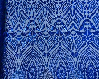 Royal Blue Sequin Fabric – Geometric Embroidery on Mesh, 4-Way Stretch