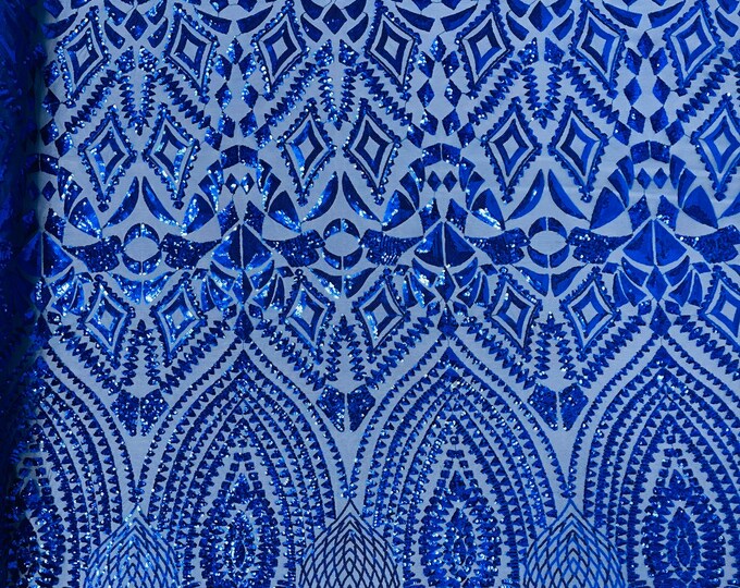 Royal Blue Sequin Fabric on a Mesh 4 Way Stretch - Geometric Design Embroidery With Sequins (Pick a Size) by the yard