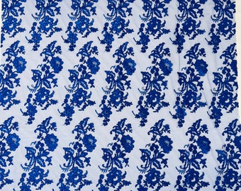 Royal Blue Flower Design Embroidered on Mesh Lace Fabric, Floral Bridal Lace Wedding Dress by the Yard (Pick a Size)