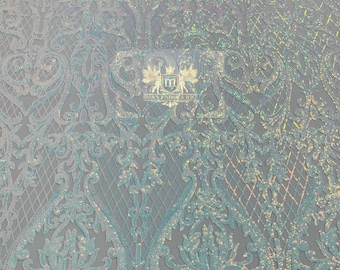 Baby Blue Iridescent Sequins Fabric - 4 Way Stretch Sequins Heart Pattern Damask with Fish Net Details on Mesh Sold By Yard