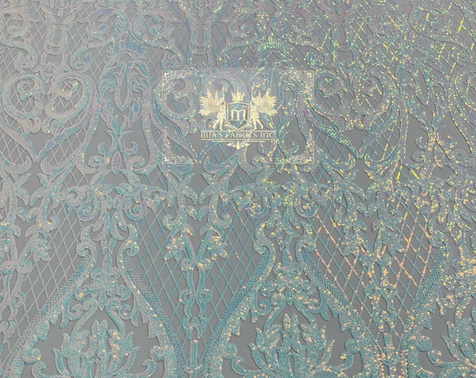 Baby Blue Iridescent Sequins Fabric - 4 Way Stretch Sequins Heart Pattern Damask with Fish Net Details on Mesh Sold By Yard