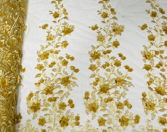 Gold 3D Floral Design by the yard, Embroider and Beaded With Pearls On a Mesh Lace-Prom-Dresses-Nightgown