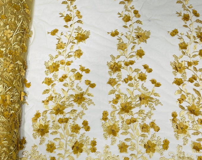 Gold 3D Floral Design by the yard, Embroider and Beaded With Pearls On a Mesh Lace-Prom-Dresses-Nightgown