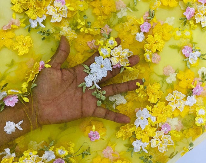 Yellow 3D Floral Lace Fabric with Pearls | Embroidered Mesh, Sold by the Yard Multi Color