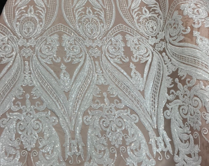White on Blush Mesh Sequins  - 4 Way Stretch Fancy Big Damask Design Sequins on Spandex Mesh Prom Gala Gown Fabric By The Yard