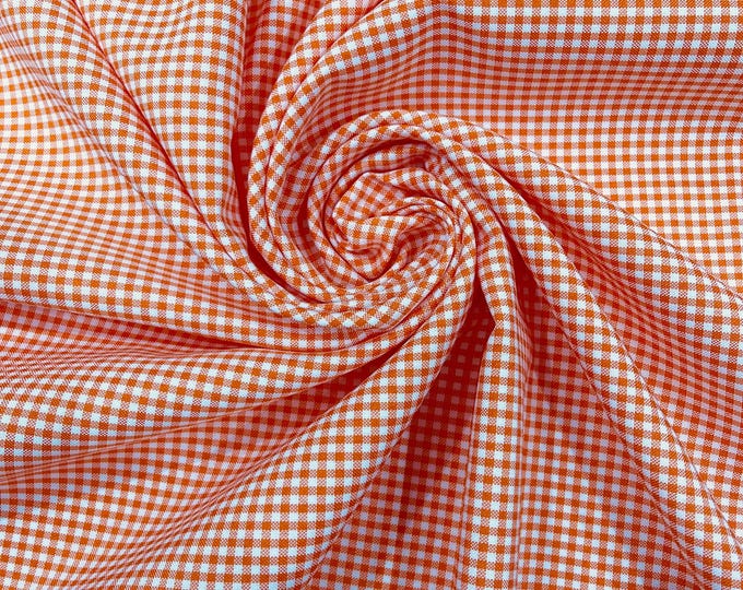 Orange & White Gingham Fabric by Yard 1/8” Squares, Poly Cotton Checkered Fabric