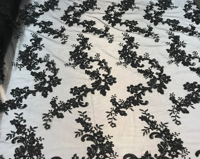 Black Floral Lace Fabric, Embroidery With Sequins on a Mesh Lace Fabric By The Yard For Gown, Wedding-Bridal