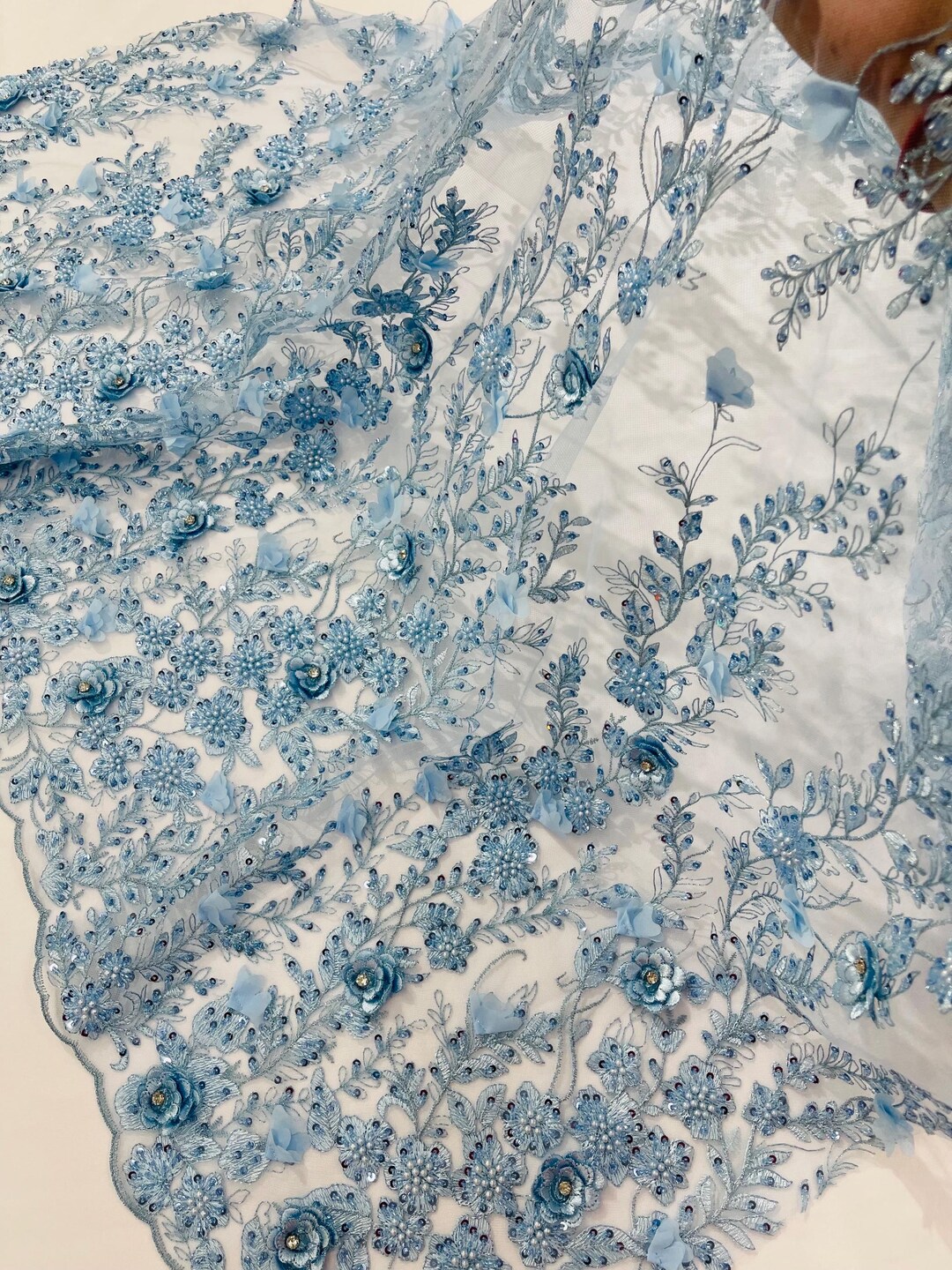Baby Blue 3D Floral Fabric, 3D Flower by the Yard Embroider With ...