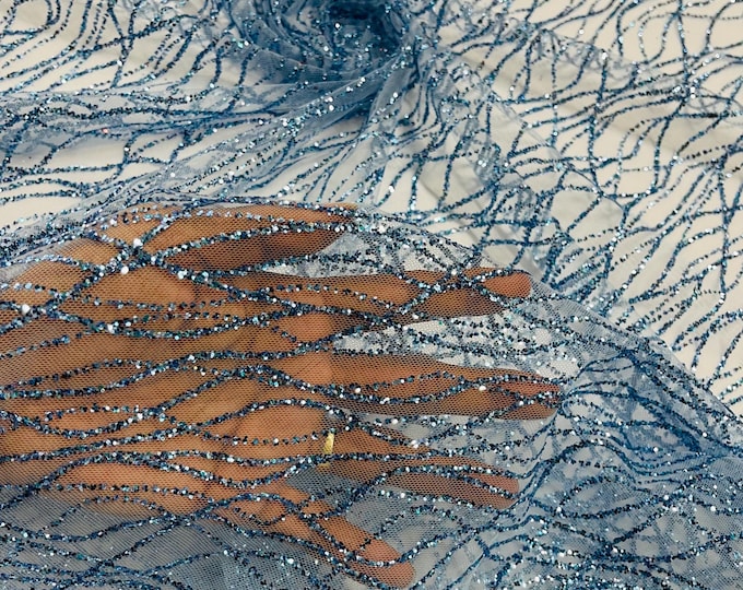 Baby Blue Glitter Mesh, Glitter Tulle Lace Fabric: Bridal, Prom, Quinceañera Decor