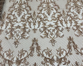 Skin Mesh/Rose Gold Damask Pattern Embroidered With Pearls and Beads on a Mesh - Beaded Fabric - Lace Fabric by the yard