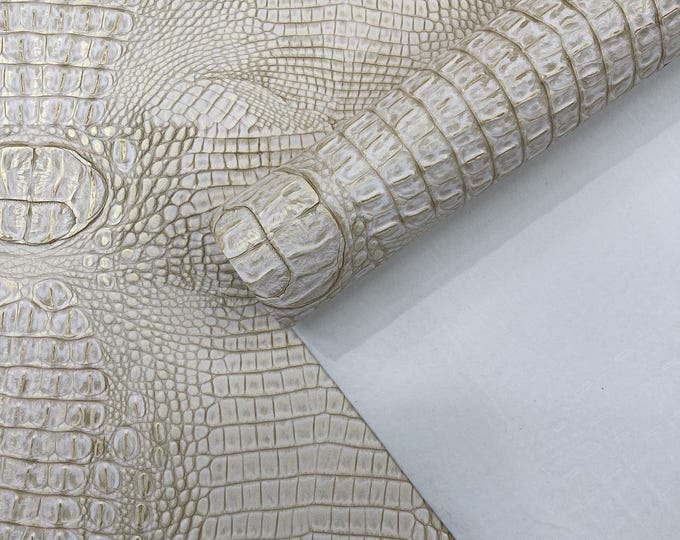 White Gold Metallic Caiman Gator Vinyl - Upholstery Faux Leather Vinyl Fabric by the Yard, Embossed Gator Caiman Fabric Upholstery