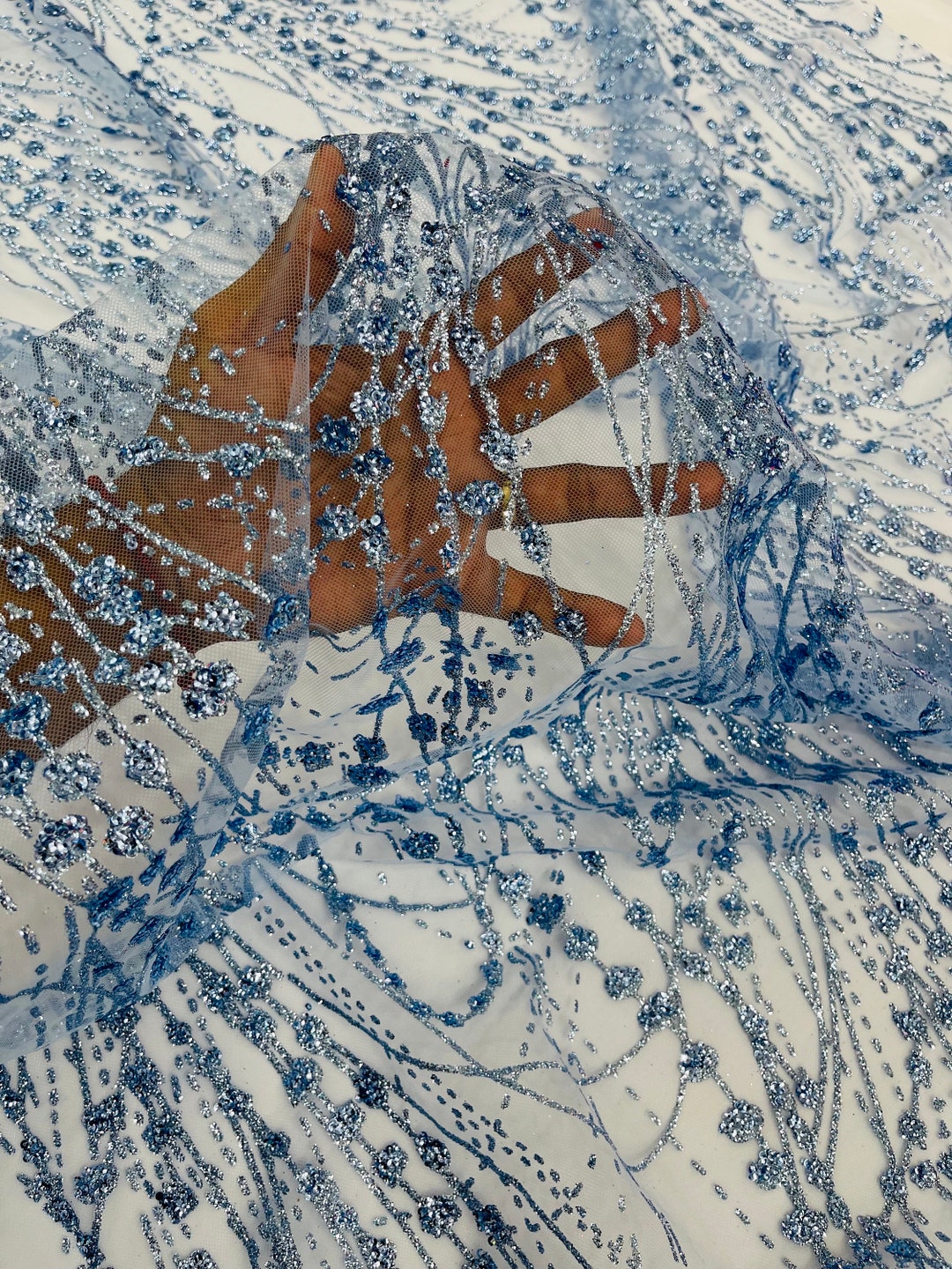 Blue Glitter on Mesh Lace Fabric by the Yard for Wedding Decor - Bridal ...