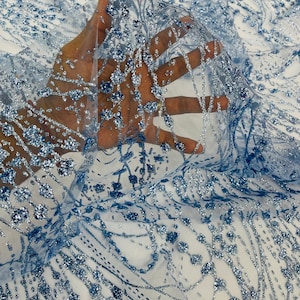 Blue Glitter on Mesh Lace Fabric By The Yard for Wedding Decor - Bridal/Prom - Shimmer, Glitter Fabricr - Luxury Sparkle Mesh