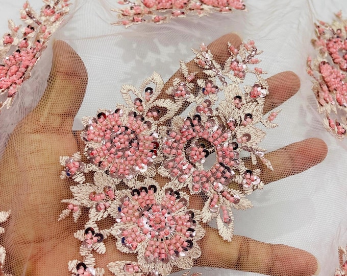 Dusty Rose Beaded Lace Fabric: Embroidered Mesh, Bridal Wedding Dress - Sold By The Yard