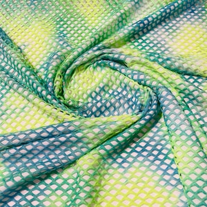 Lime Green/Blue 4 Way Stretch Fishnet Diamond Tie Dye W/Silver Glitters 58/60" Wide, Fishnet Tie Dye Diamond, Nylon Spandex Fabric
