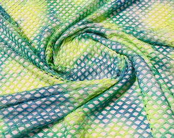 Tie Dye Fishnet Fabric: Lime Green, Blue, Silver Glitter - 4 Way Stretch