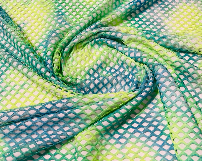Lime Green/Blue 4 Way Stretch Fishnet Diamond Tie Dye W/Silver Glitters 58/60" Wide, Fishnet Tie Dye Diamond, Nylon Spandex Fabric