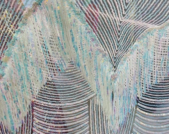 Iridescent Aqua/white Fringe Sequins on a Mesh, Fringe Design Embroidered on 2 Way Stretch Fancy Sequin ( Choose The Size )