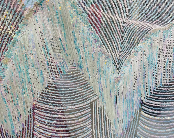 Iridescent Aqua/white Fringe Sequins on a Mesh, Fringe Design Embroidered on 2 Way Stretch Fancy Sequin ( Choose The Size )