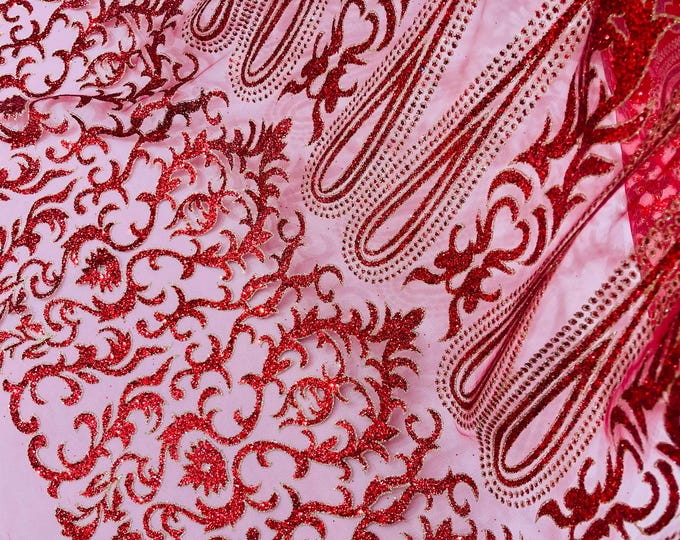 Red Gold Glitter Mesh Lace Fabric - Geometric Damask, Bridal, Prom by the yard