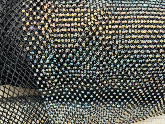 3mm Clear Rhinestones on Black See-Through Non-Stretch Polyester Mesh Net  Fabric