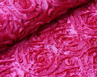 Fuchsia Rosette Satin Fabric: 3D Floral, 54" Wide