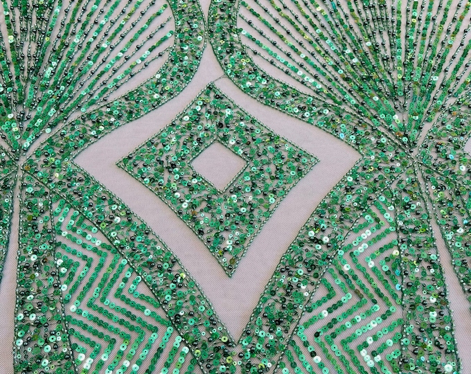 Hunter Green Beaded Fabric by the yard, Bridal Heavy beaded, Damask Pattern With Beads and Sequin, Appliqué lace for bridals,weddings