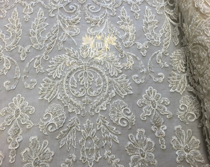 Ivory Hand Beaded Lace, Embroidered Floral Design Fancy Sequins Fabric with Beads Sold in Many Colors By The Yard