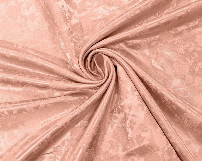 Peach Flower Brocade Jacquard Satin Fabric, Sold By The Yard Polyester Satin Floral Wide 58/60"  (Choose The Quantity)