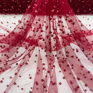 Burgundy, Scattered Pearls Studded Mesh, by the yard - 2 Way Stretch, Pearls On Mesh, Scattered Pearls on Mesh, Bead Wedding Bridal Dress