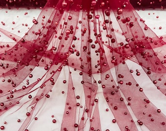 Burgundy, Scattered Pearls Studded Mesh, by the yard - 2 Way Stretch, Pearls On Mesh, Scattered Pearls on Mesh, Bead Wedding Bridal Dress