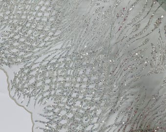 Light Mint Beaded Damask Fabric: Bridal Sequin Appliqué Lace