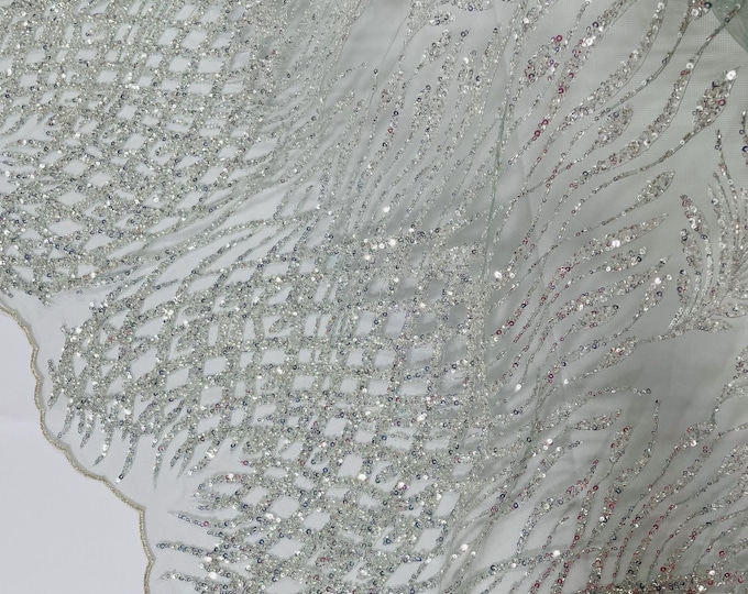 Light Mint Beaded Fabric by the yard, Bridal Heavy beaded, Damask Pattern With Beads and Sequin, Appliqué lace bridals,weddings,prom dress.