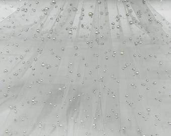 White, Scattered Pearls Studded Mesh, by the yard - 2 Way Stretch, Pearls On Mesh, Scattered Pearls on Mesh, Bead Wedding Bridal Dress